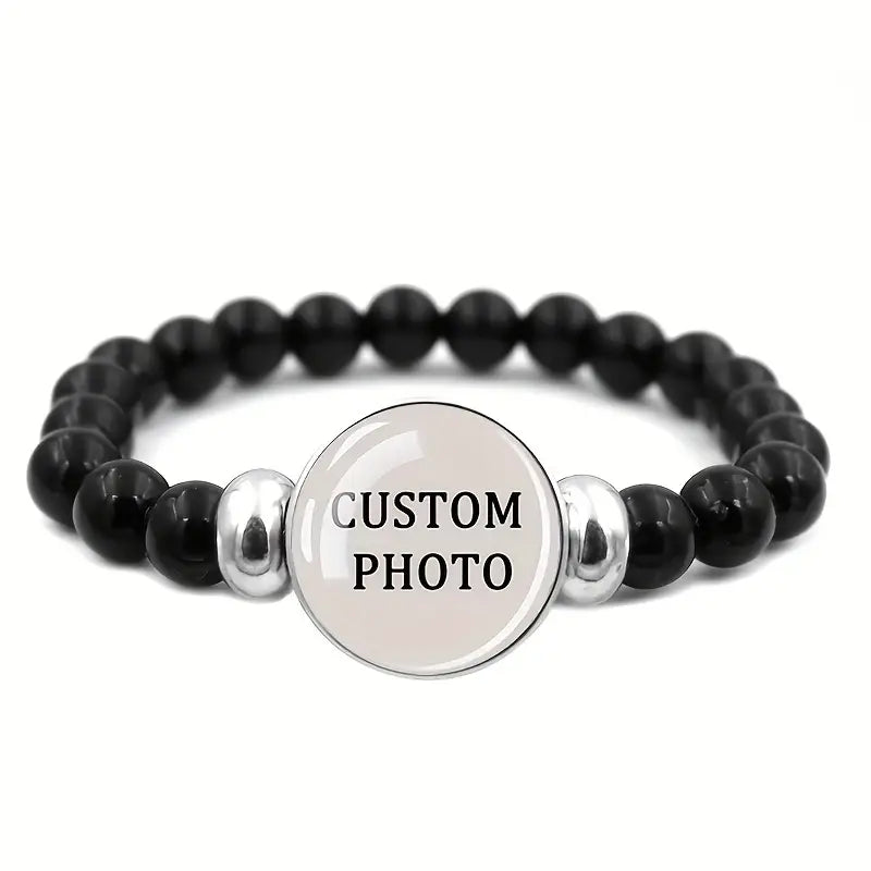 Custom Black Beaded Time Synthetic Glass Bracelet Family Photos,