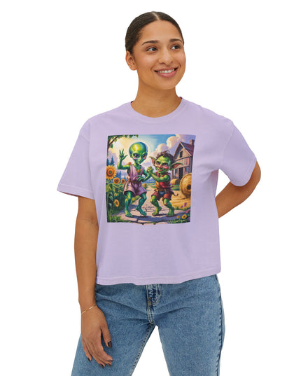 Cute Alien Graphic Women's Boxy Tee, Casual T-Shirt for Fun Vibes
