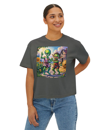 Cute Alien Graphic Women's Boxy Tee, Casual T-Shirt for Fun Vibes