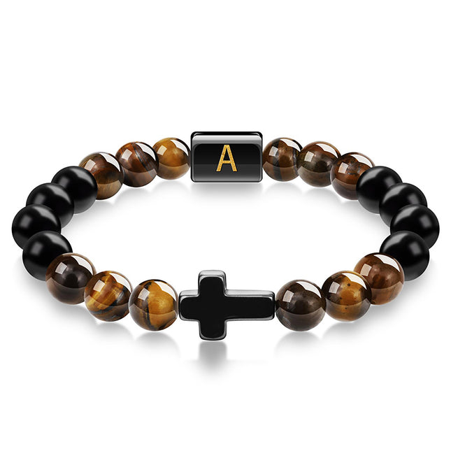 English letter bracelet Cross tiger Eye stone beaded bracelet