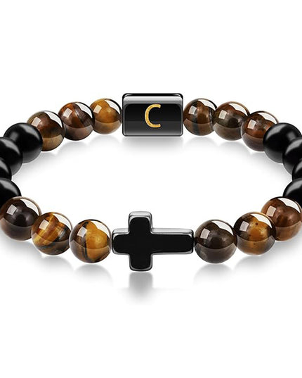 English letter bracelet Cross tiger Eye stone beaded bracelet