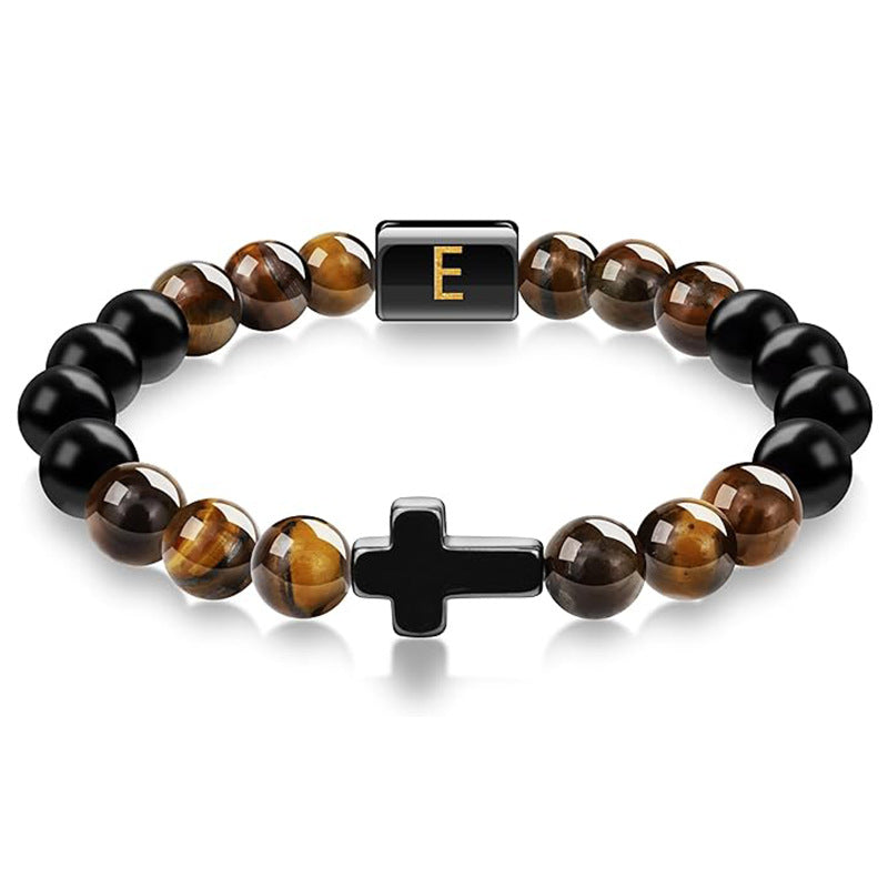 English letter bracelet Cross tiger Eye stone beaded bracelet