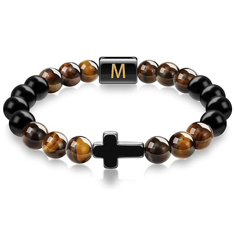 English letter bracelet Cross tiger Eye stone beaded bracelet