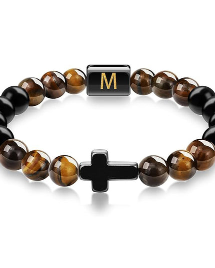 English letter bracelet Cross tiger Eye stone beaded bracelet