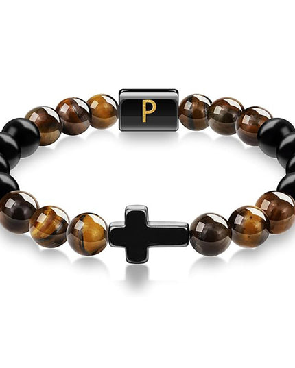 English letter bracelet Cross tiger Eye stone beaded bracelet