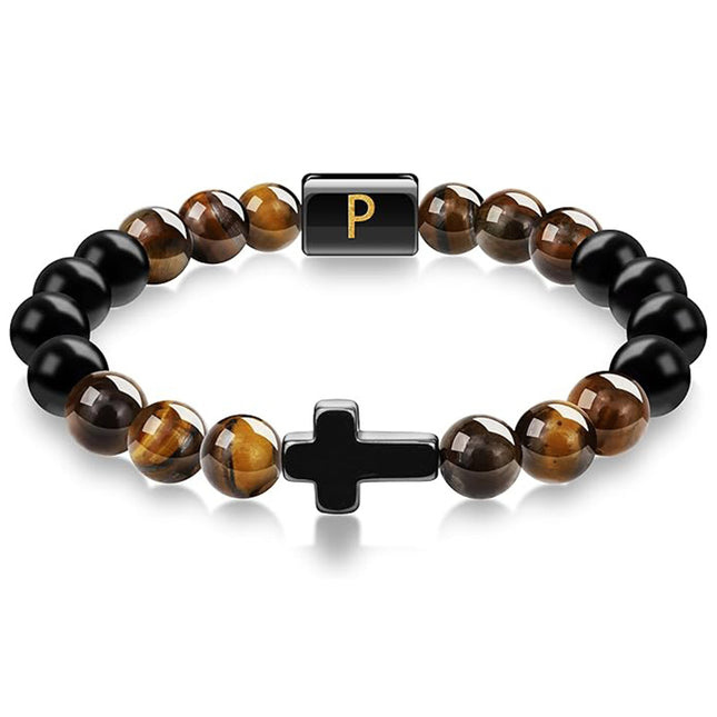 English letter bracelet Cross tiger Eye stone beaded bracelet