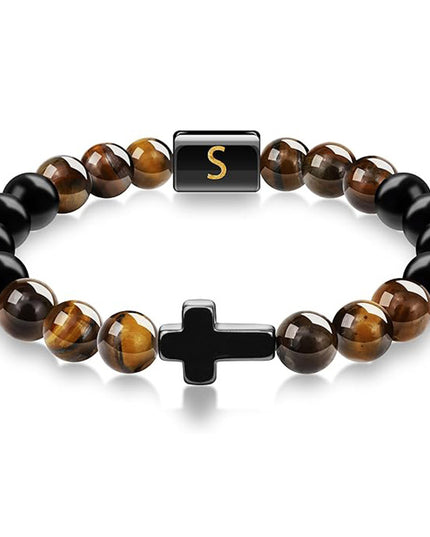 English letter bracelet Cross tiger Eye stone beaded bracelet