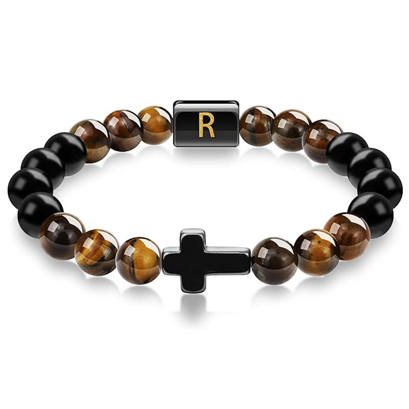 English letter bracelet Cross tiger Eye stone beaded bracelet