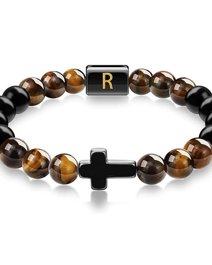 English letter bracelet Cross tiger Eye stone beaded bracelet