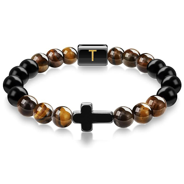 English letter bracelet Cross tiger Eye stone beaded bracelet