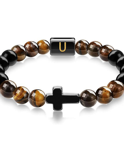 English letter bracelet Cross tiger Eye stone beaded bracelet