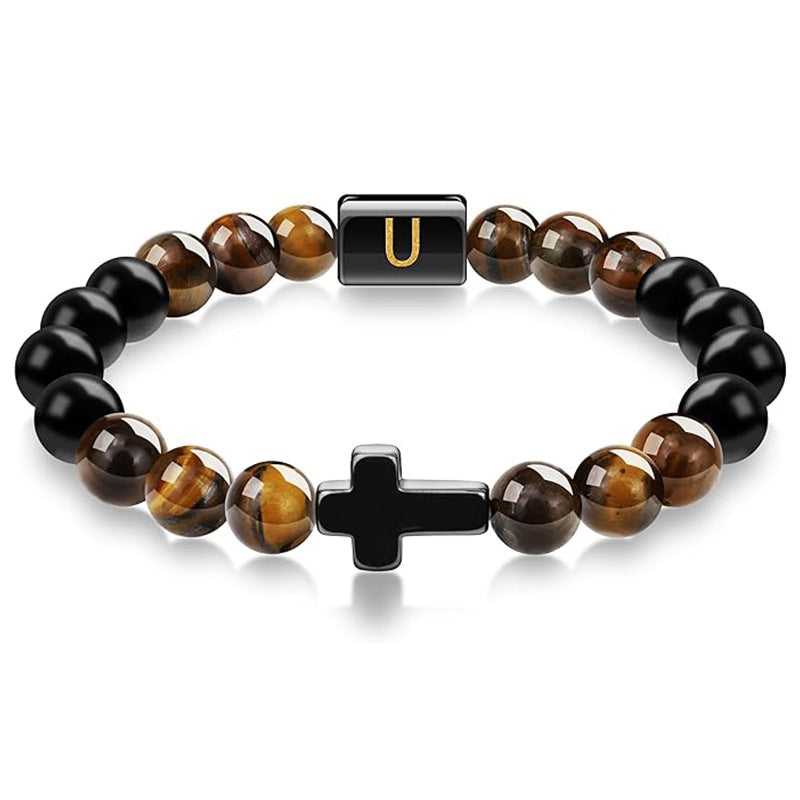 English letter bracelet Cross tiger Eye stone beaded bracelet