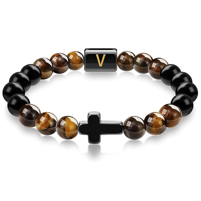 English letter bracelet Cross tiger Eye stone beaded bracelet
