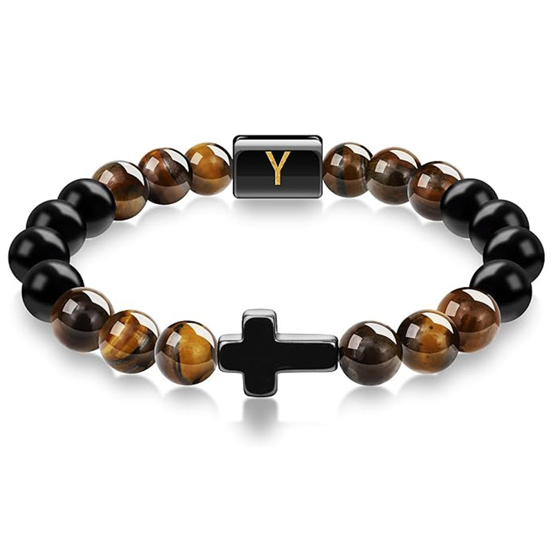English letter bracelet Cross tiger Eye stone beaded bracelet