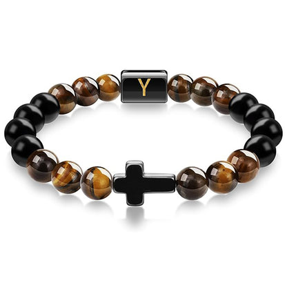 English letter bracelet Cross tiger Eye stone beaded bracelet