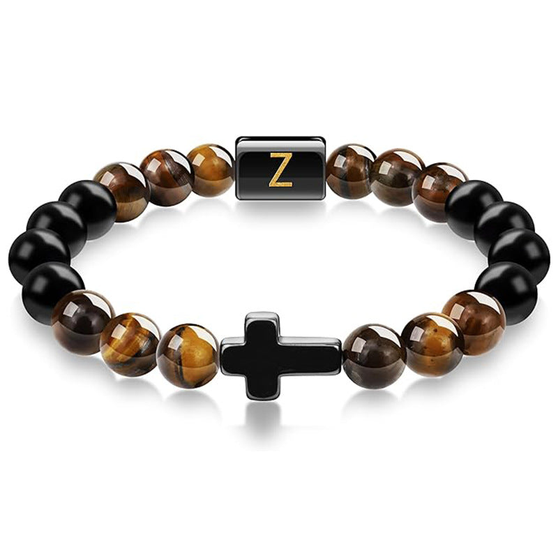 English letter bracelet Cross tiger Eye stone beaded bracelet