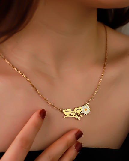 Personalized Daisy Couple Necklace - Custom Engraved Name Stainless Steel Matching Jewelry for Couples