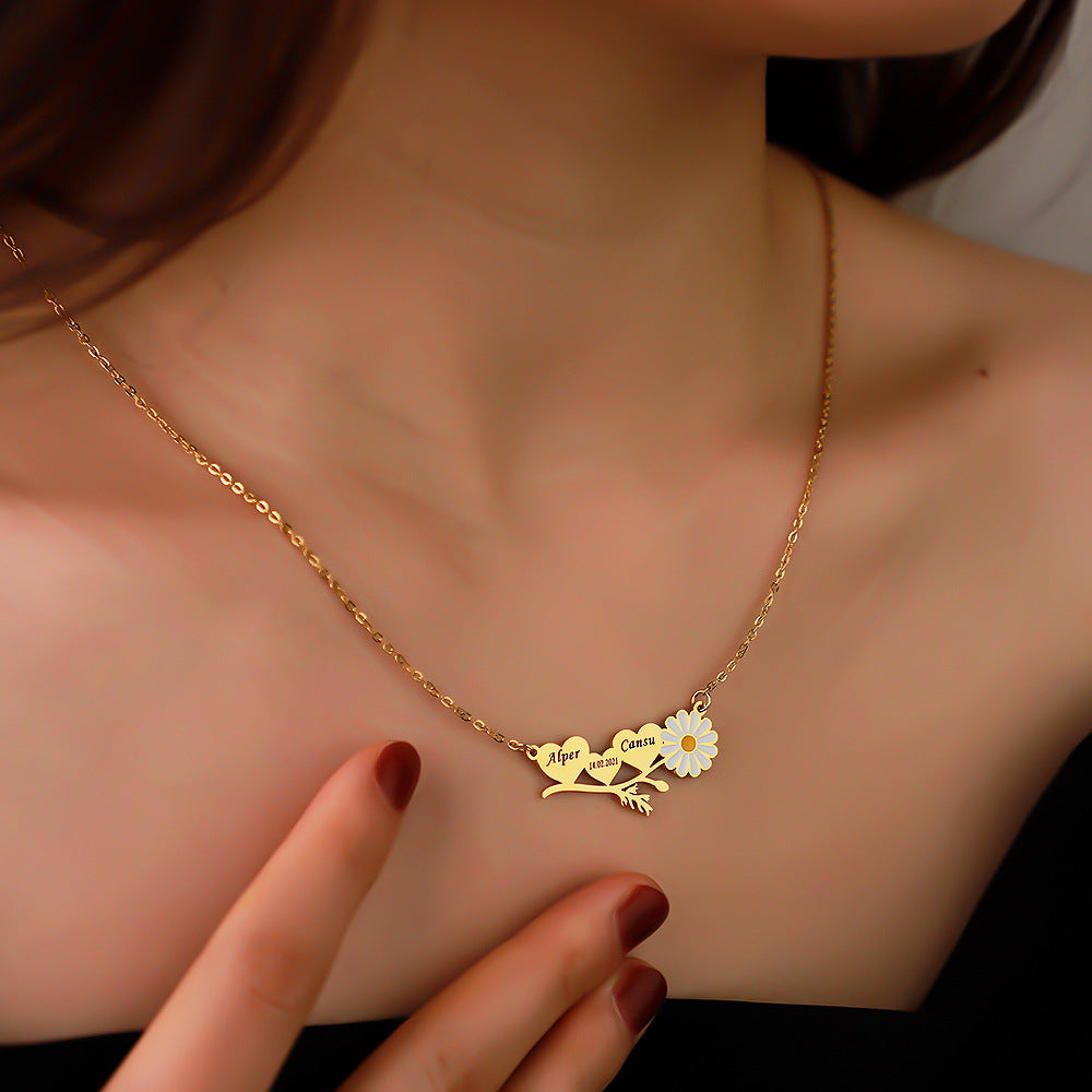 Personalized Daisy Couple Necklace - Custom Engraved Name Stainless Steel Matching Jewelry for Couples