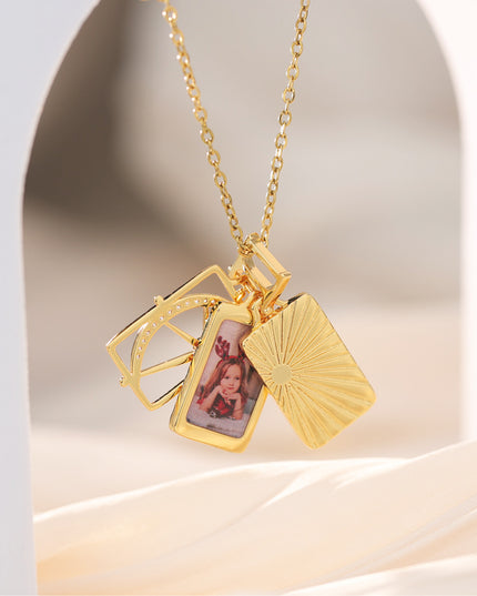 Custom Double Photo Necklace - 3-Layer Copper Pendant with Egyptian Sun and Star- 2 Photos