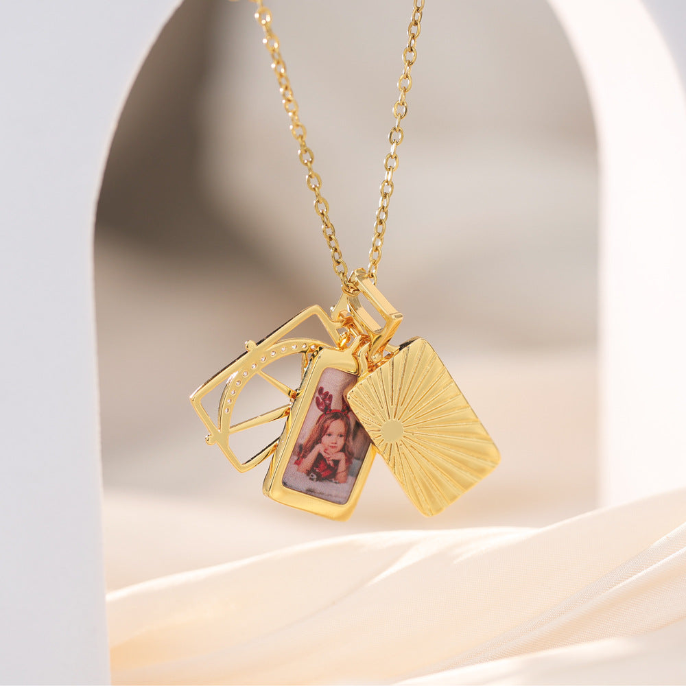 Custom Double Photo Necklace - 3-Layer Copper Pendant with Egyptian Sun and Star- 2 Photos