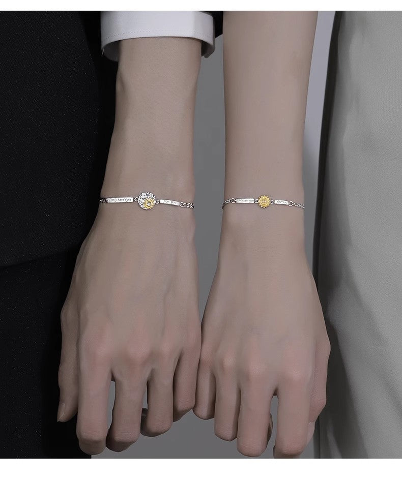 Custom Sunflower Couple Bracelets - Personalized Name Engraved -  Gift for Couples