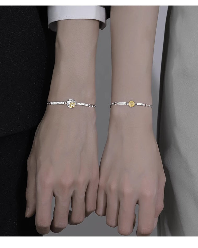 Custom Sunflower Couple Bracelets - Personalized Name Engraved -  Gift for Couples