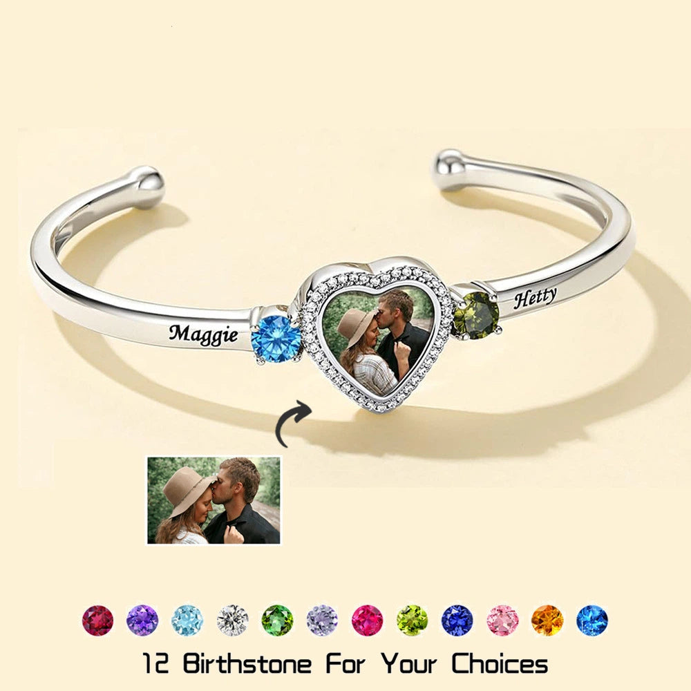 Trio of Love Custom Bracelet - Personalized , Engraved Names and Heart Photo