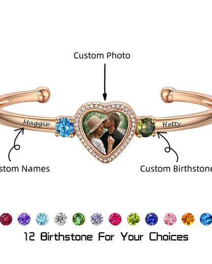 Trio of Love Custom Bracelet - Personalized , Engraved Names and Heart Photo