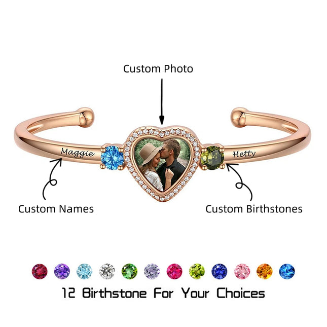 Trio of Love Custom Bracelet - Personalized , Engraved Names and Heart Photo