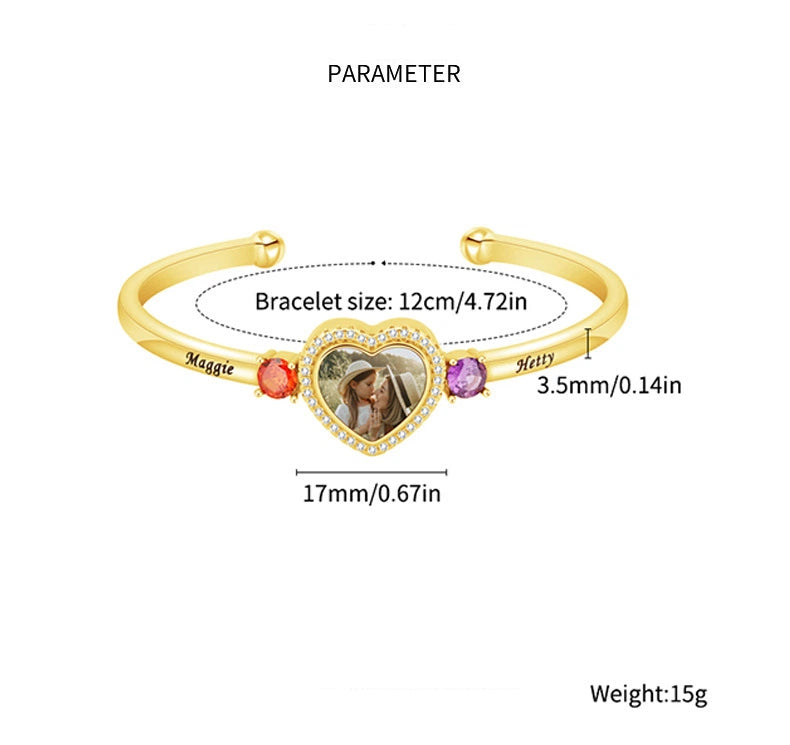 Trio of Love Custom Bracelet - Personalized , Engraved Names and Heart Photo