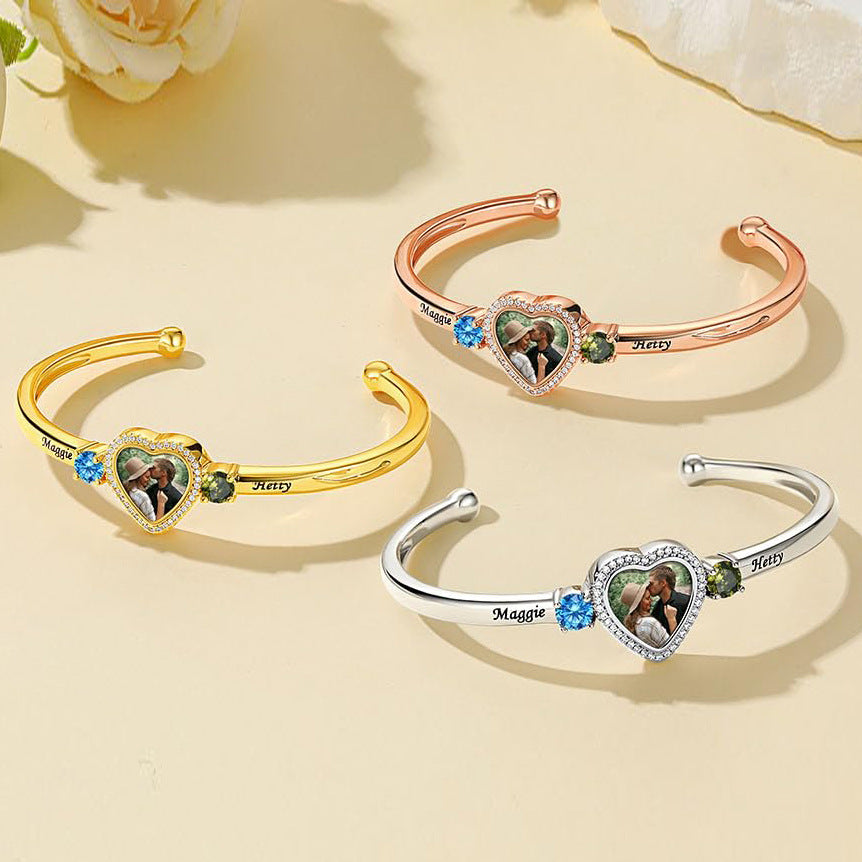 Trio of Love Custom Bracelet - Personalized , Engraved Names and Heart Photo