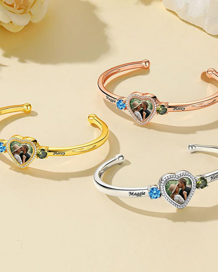 Trio of Love Custom Bracelet - Personalized , Engraved Names and Heart Photo