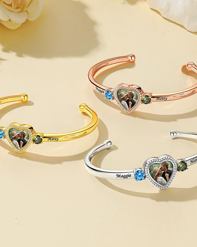 Trio of Love Custom Bracelet - Personalized , Engraved Names and Heart Photo