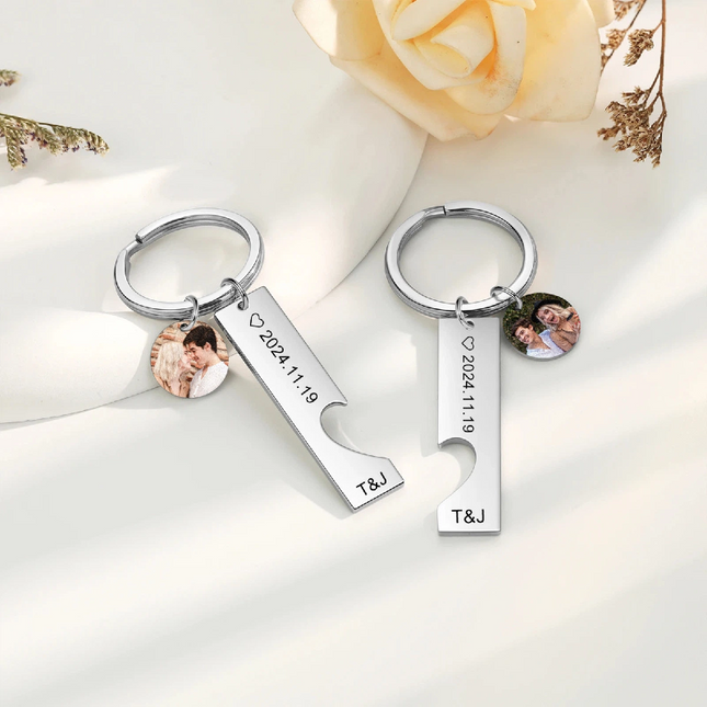 Custom Photo & Text Couple Keychains - Interlocking Heart Puzzle Design - Stainless Steel Set