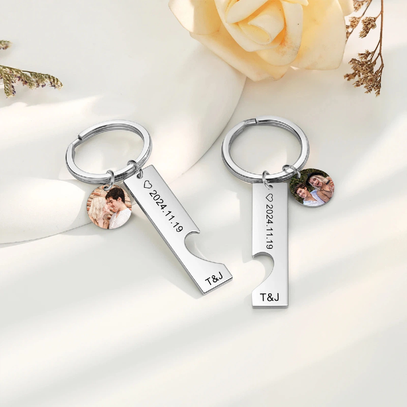Custom Photo & Text Couple Keychains - Interlocking Heart Puzzle Design - Stainless Steel Set