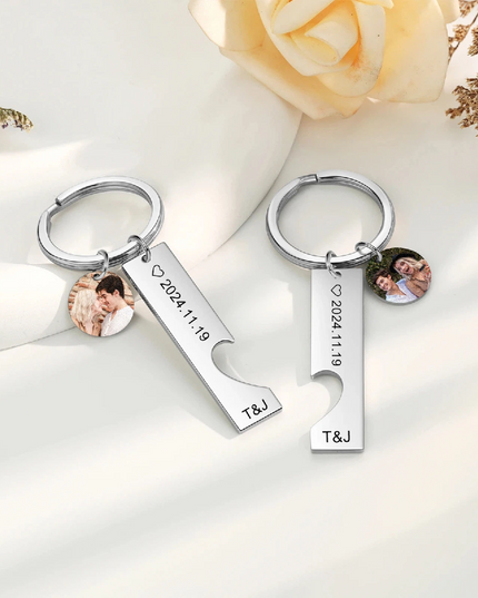 Custom Photo & Text Couple Keychains - Interlocking Heart Puzzle Design - Stainless Steel Matching Keychain Set