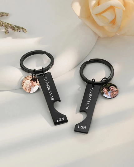 Custom Photo & Text Couple Keychains - Interlocking Heart Puzzle Design - Stainless Steel Set