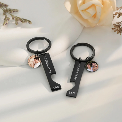 Custom Photo & Text Couple Keychains - Interlocking Heart Puzzle Design - Stainless Steel Matching Keychain Set