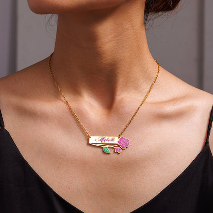 Personalized Rose Square Pendant Necklace - Custom Engraved Photo or Text - Stainless Steel Chain