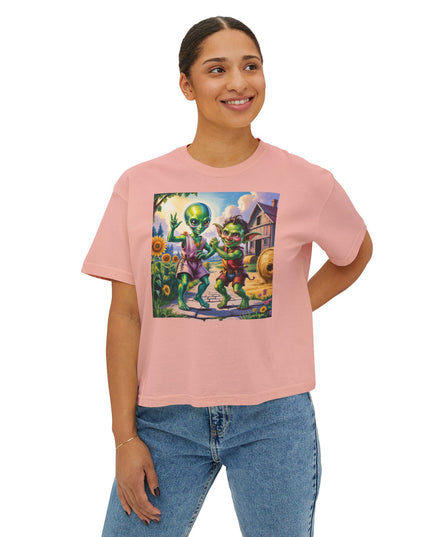 Cute Alien Graphic Women's Boxy Tee, Casual T-Shirt for Fun Vibes