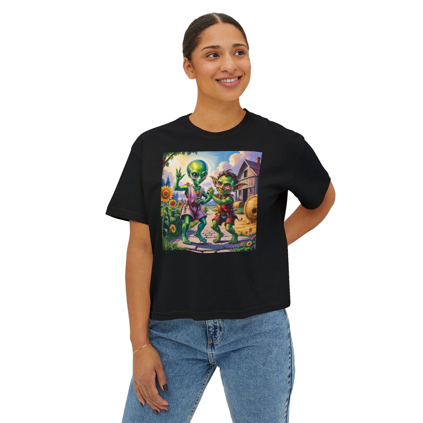 Cute Alien Graphic Women's Boxy Tee, Casual T-Shirt for Fun Vibes