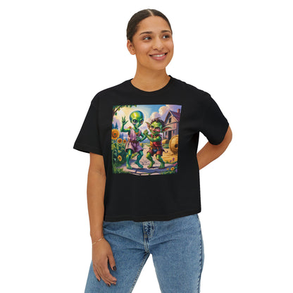 Cute Alien Graphic Women's Boxy Tee, Casual T-Shirt for Fun Vibes
