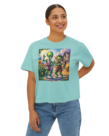 Cute Alien Graphic Women's Boxy Tee, Casual T-Shirt for Fun Vibes