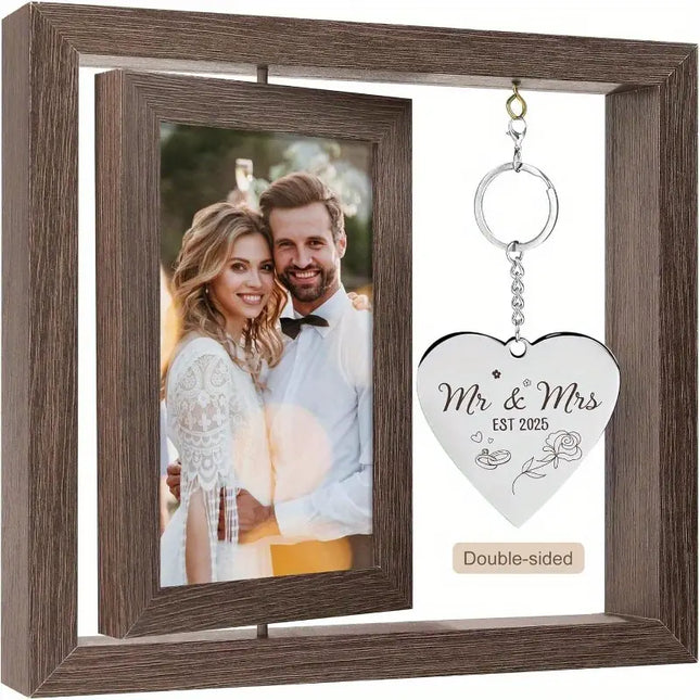 Mr & Mrs Wedding Photo Frame - Vintage Style Artificial Wood Tabletop Display with Heart-Shaped Design, Ideal for Bridal Shower & Wedding Celebration Gifts