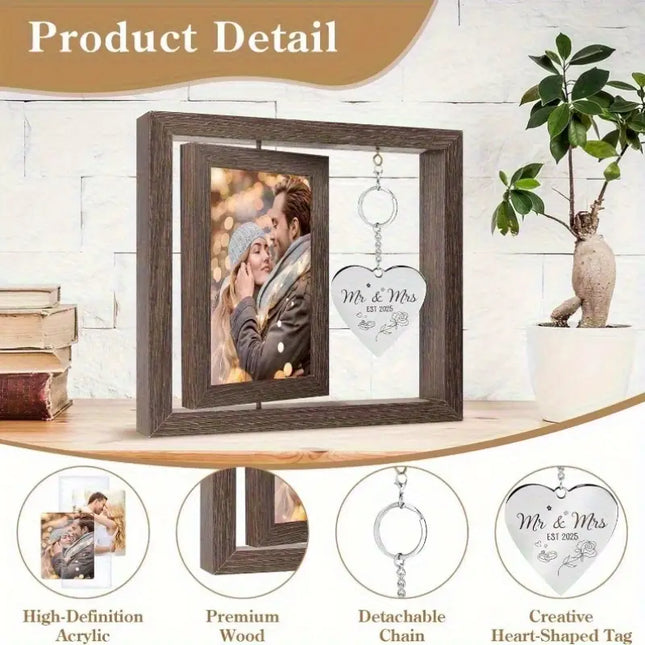 Mr & Mrs Wedding Photo Frame - Vintage Style Artificial Wood Tabletop Display with Heart-Shaped Design, Ideal for Bridal Shower & Wedding Celebration Gifts