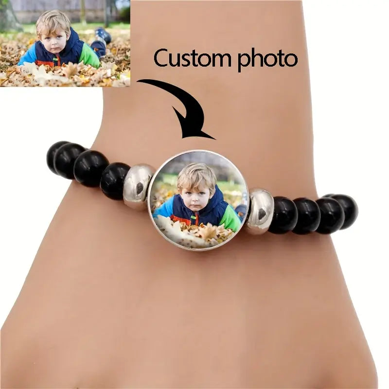 Custom Black Beaded Time Synthetic Glass Bracelet Family Photos,