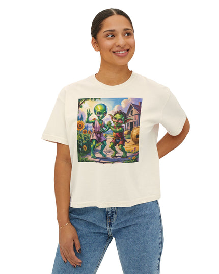 Cute Alien Graphic Women's Boxy Tee, Casual T-Shirt for Fun Vibes