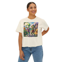 Cute Alien Graphic Women's Boxy Tee, Casual T-Shirt for Fun Vibes