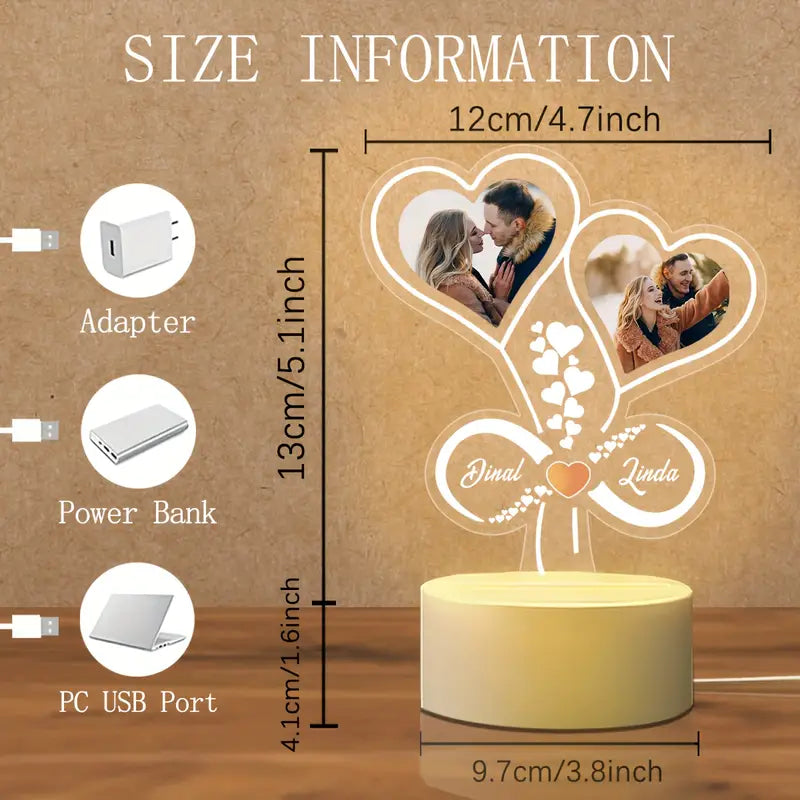 Customized Infinity Heart Night Light with Photo Frame, Weddings, Anniversaries, Romantic