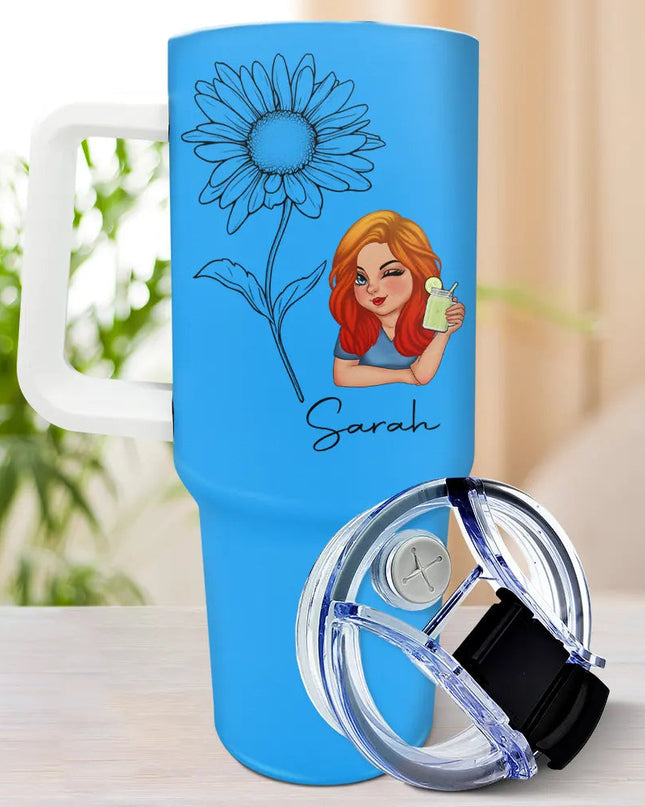 Blue personalized 40oz tumbler with 'Bloom Where You're Planted' floral design, stainless steel, ideal gift.